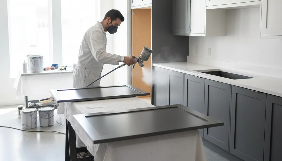 Cabinet painting in Tulsa, OK by Tulsa Paint Pros for a kitchen cabinet refinishing project